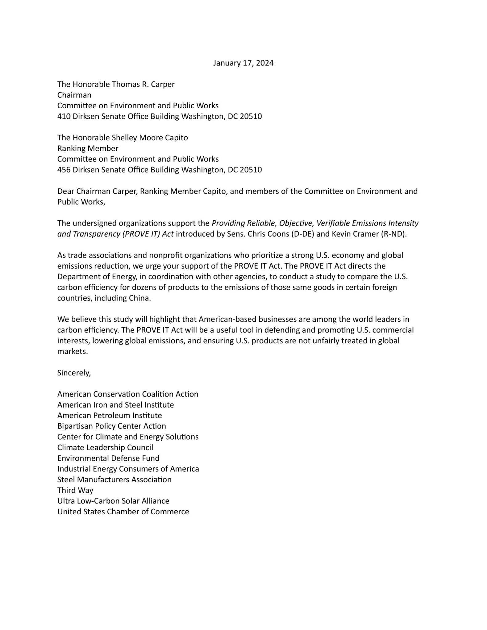 PROVE IT Act Letter of Support Climate Leadership Council